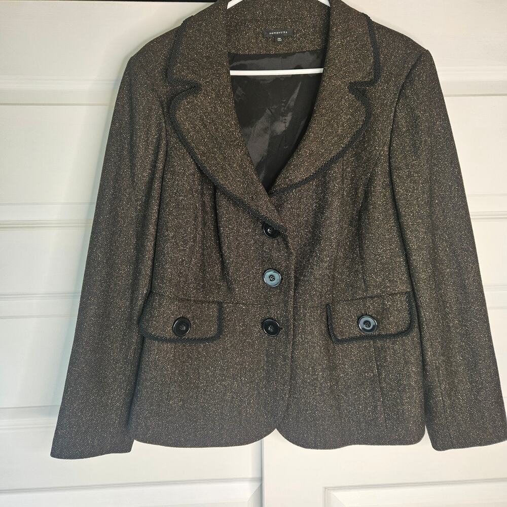 Semantiks Vintage Brown Tweed Wool Blend Trimmed Blazer Jacket 14W